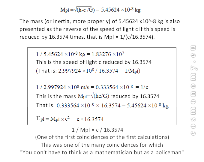 1/Mpl = c / 16.3574 where Mpl = h c/G in square root